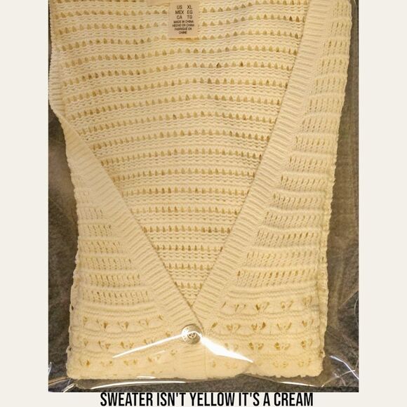 DKNY JEANS Women's V- Neck Open Knit Cream Colored Cardigan Sweater Size XL - Picture 13 of 15